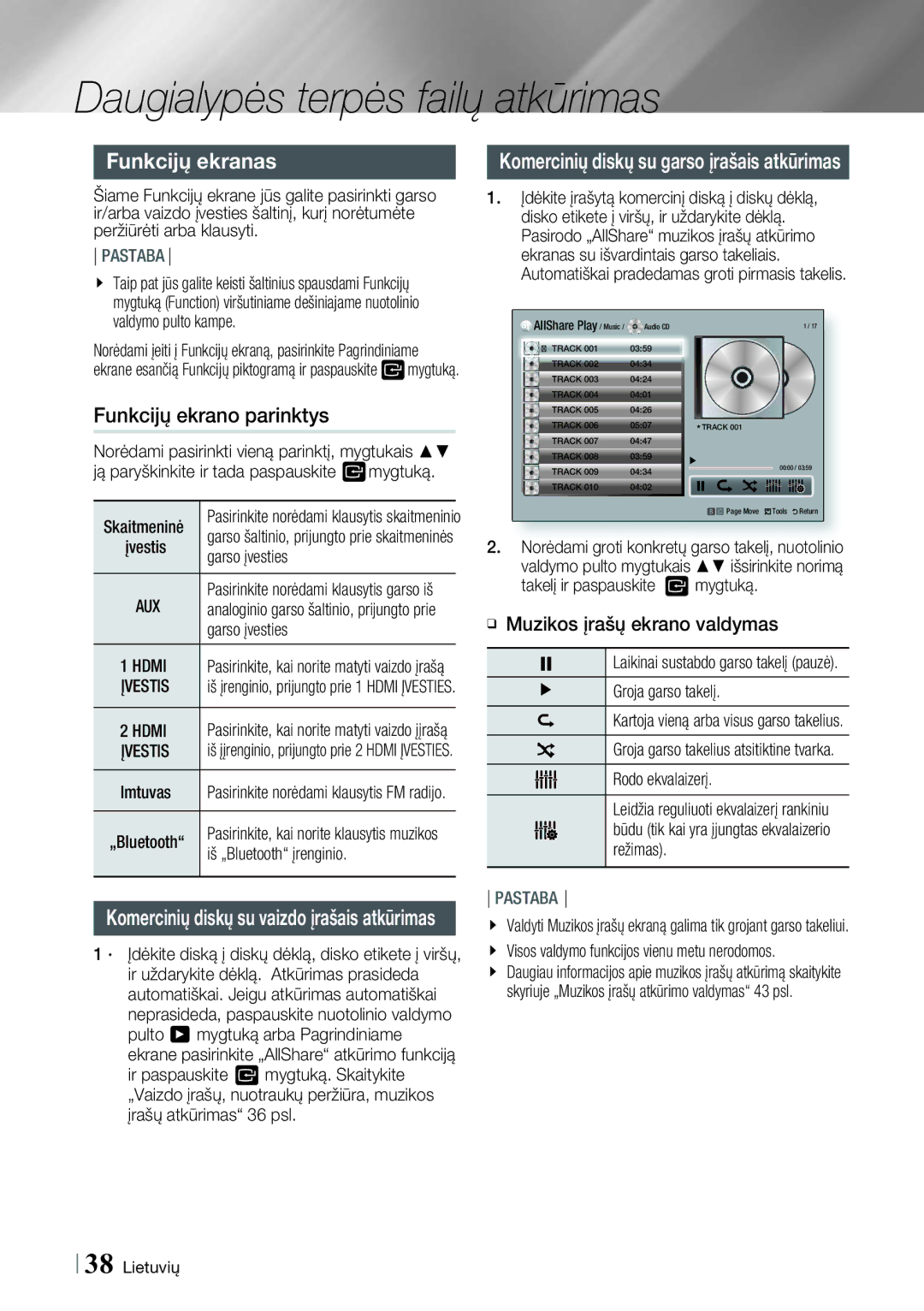 Samsung HT-E8200/EN manual Funkcijų ekranas, Funkcijų ekrano parinktys, Muzikos įrašų ekrano valdymas 