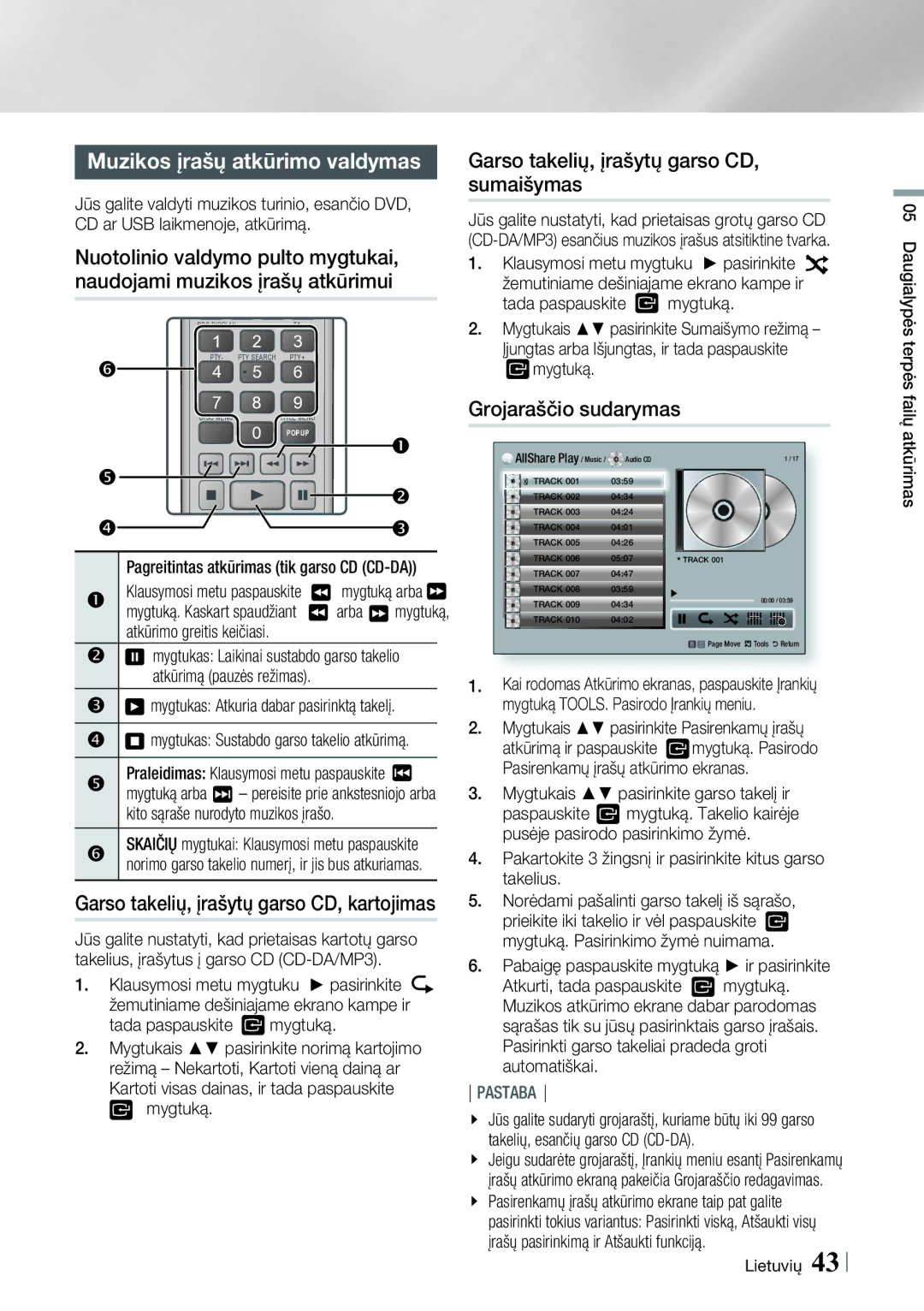 Samsung HT-E8200/EN Muzikos įrašų atkūrimo valdymas, Garso takelių, įrašytų garso CD, sumaišymas, Grojaraščio sudarymas 