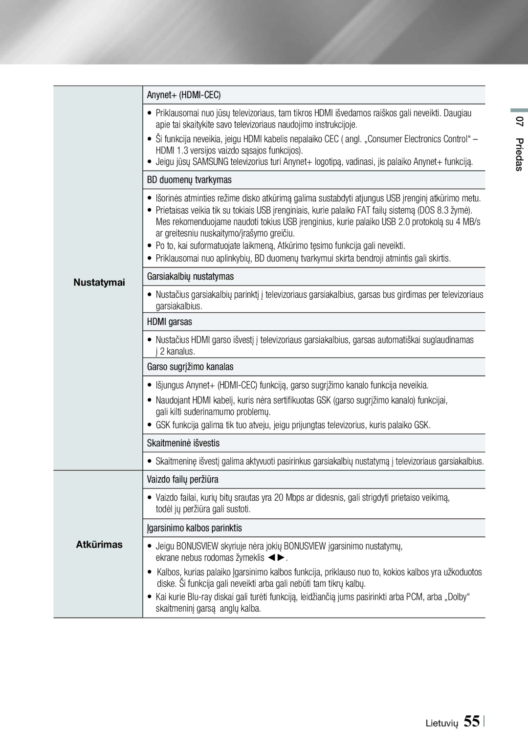 Samsung HT-E8200/EN Anynet+ HDMI-CEC, BD duomenų tvarkymas, Vaizdo failų peržiūra, Įgarsinimo kalbos parinktis, Atkūrimas 