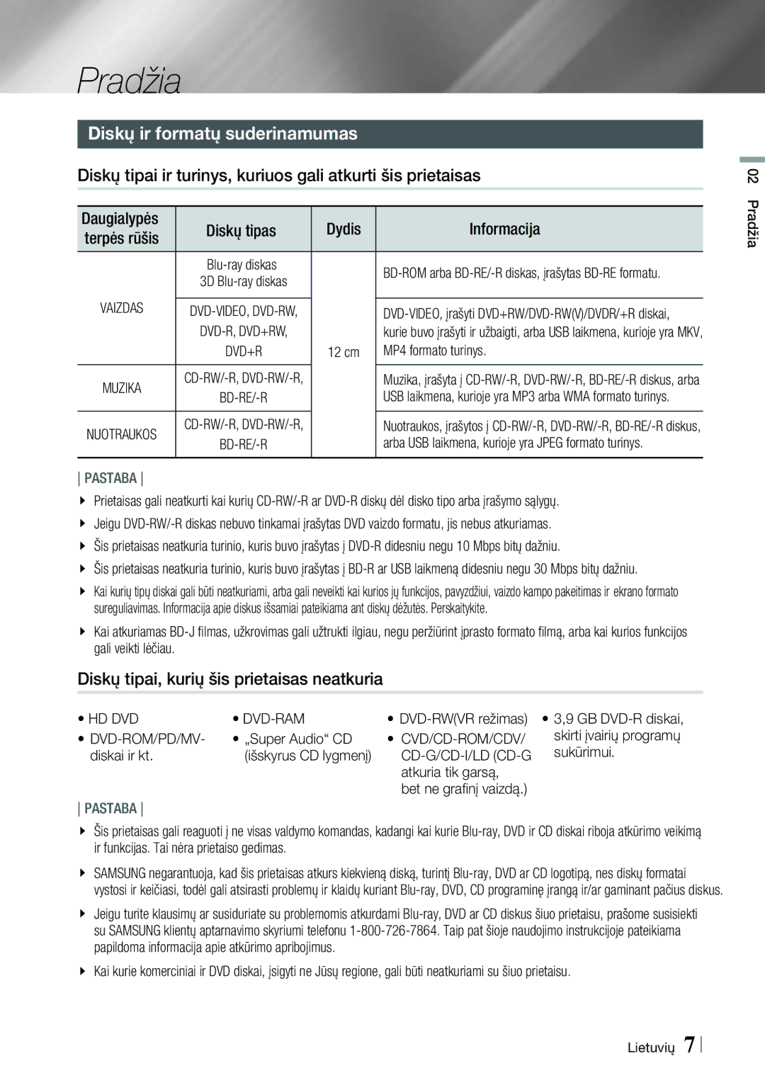 Samsung HT-E8200/EN Pradžia, Diskų ir formatų suderinamumas, Diskų tipai ir turinys, kuriuos gali atkurti šis prietaisas 