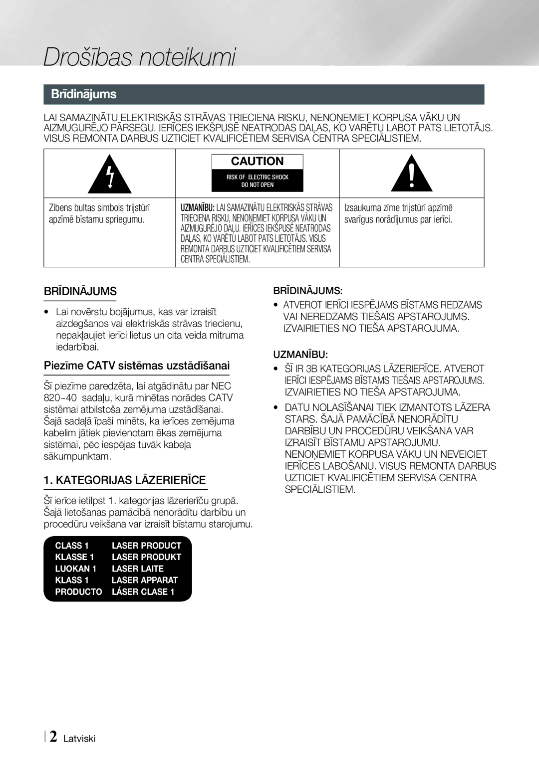 Samsung HT-E8200/EN manual Drošības noteikumi, Brīdinājums, Piezīme Catv sistēmas uzstādīšanai 