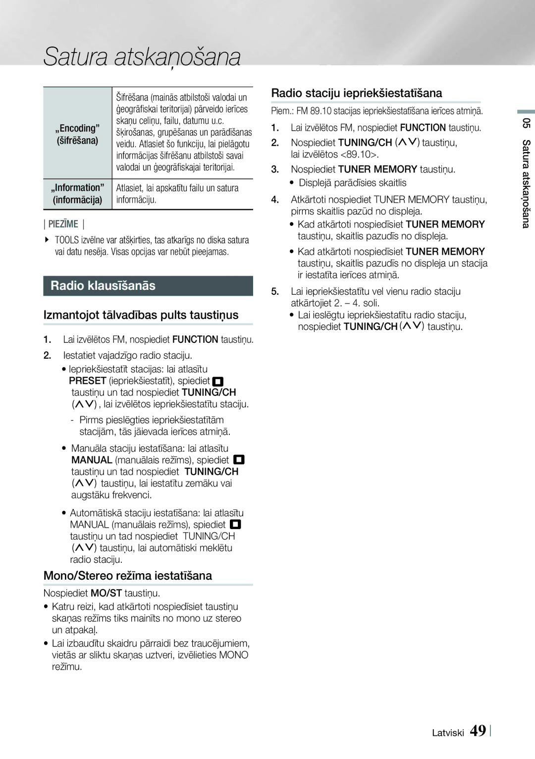 Samsung HT-E8200/EN manual Radio klausīšanās, Izmantojot tālvadības pults taustiņus, Mono/Stereo režīma iestatīšana 