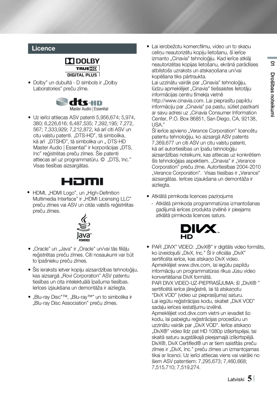 Samsung HT-E8200/EN manual Licence, Atklātā pirmkoda licences paziņojums, 01 Drošības noteikumi Latviski 