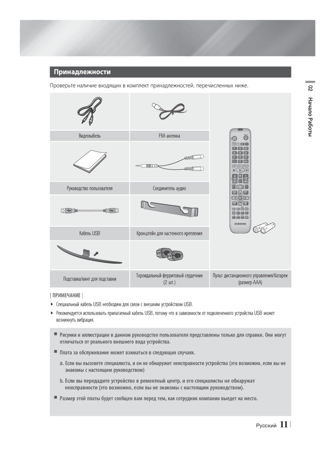 Samsung HT-E8200/RU manual Принадлежности, FM-антенна, Кабель USB, Начало, Работы 