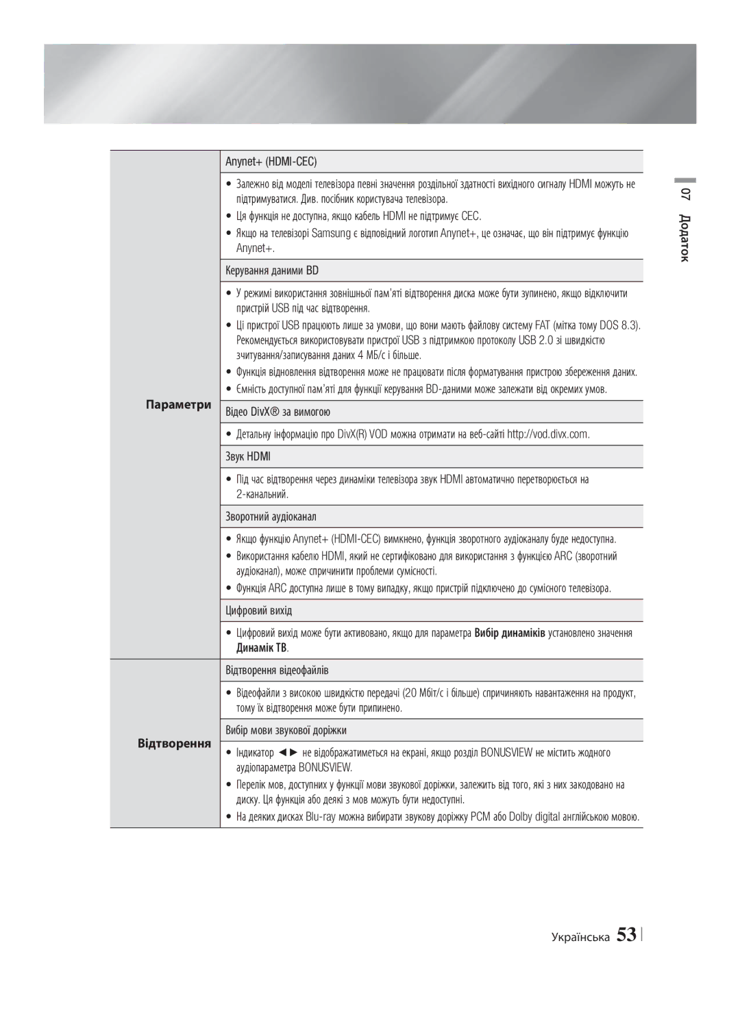 Samsung HT-E8200/RU manual Параметри Відтворення, Відео DivX за вимогою, Динамік ТВ Відтворення відеофайлів 