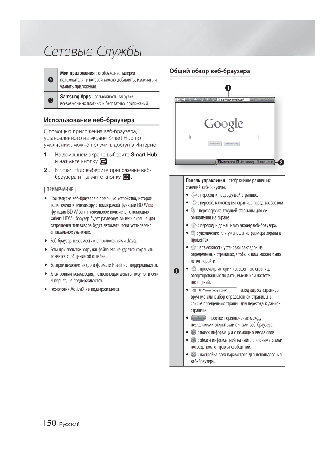 Samsung HT-E8200/RU manual Использование веб-браузера, Общий обзор веб-браузера 