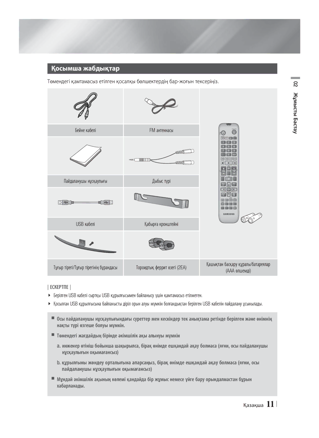 Samsung HT-E8200/RU manual FM антеннасы, USB кабелі, Жұмысты, Бастау, Қашықтан басқару құралы/батареялар 
