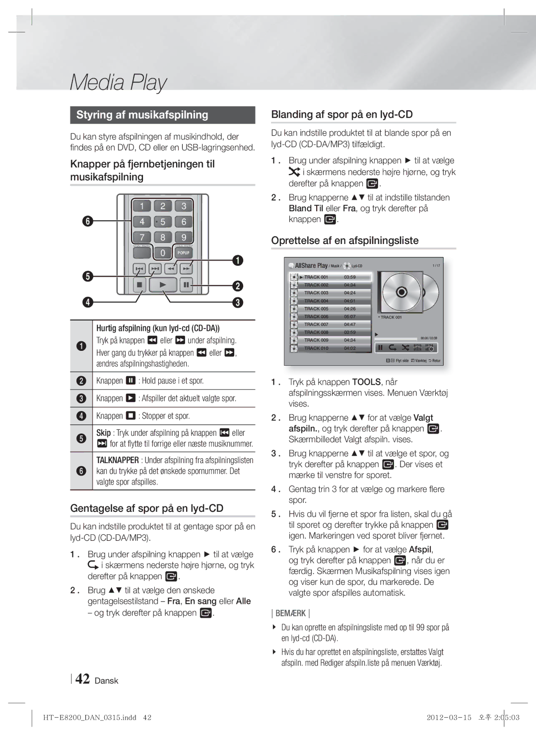 Samsung HT-E8200/XE manual Styring af musikafspilning, Knapper på fjernbetjeningen til musikafspilning 