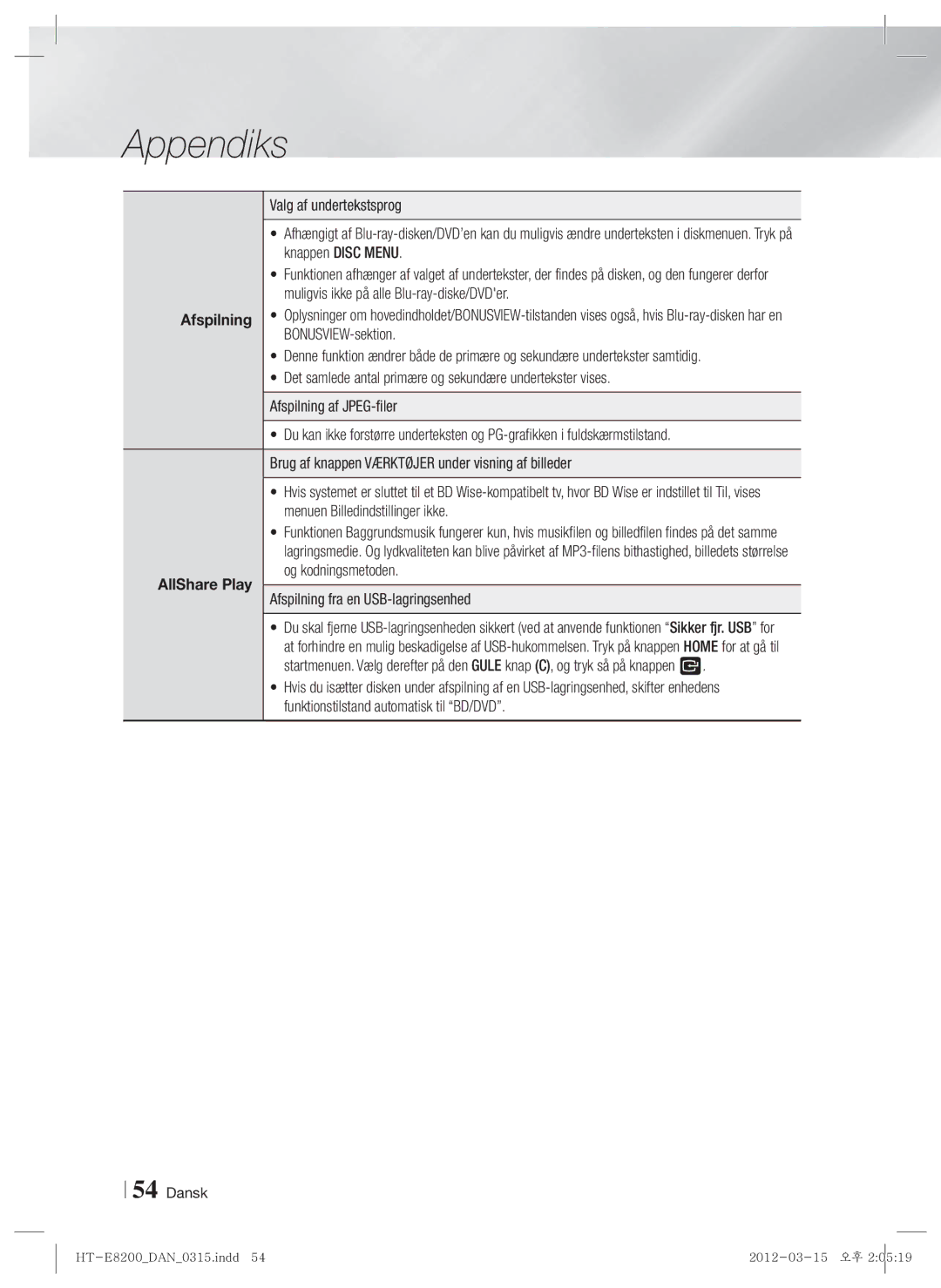 Samsung HT-E8200/XE manual AllShare Play, Afspilning fra en USB-lagringsenhed 