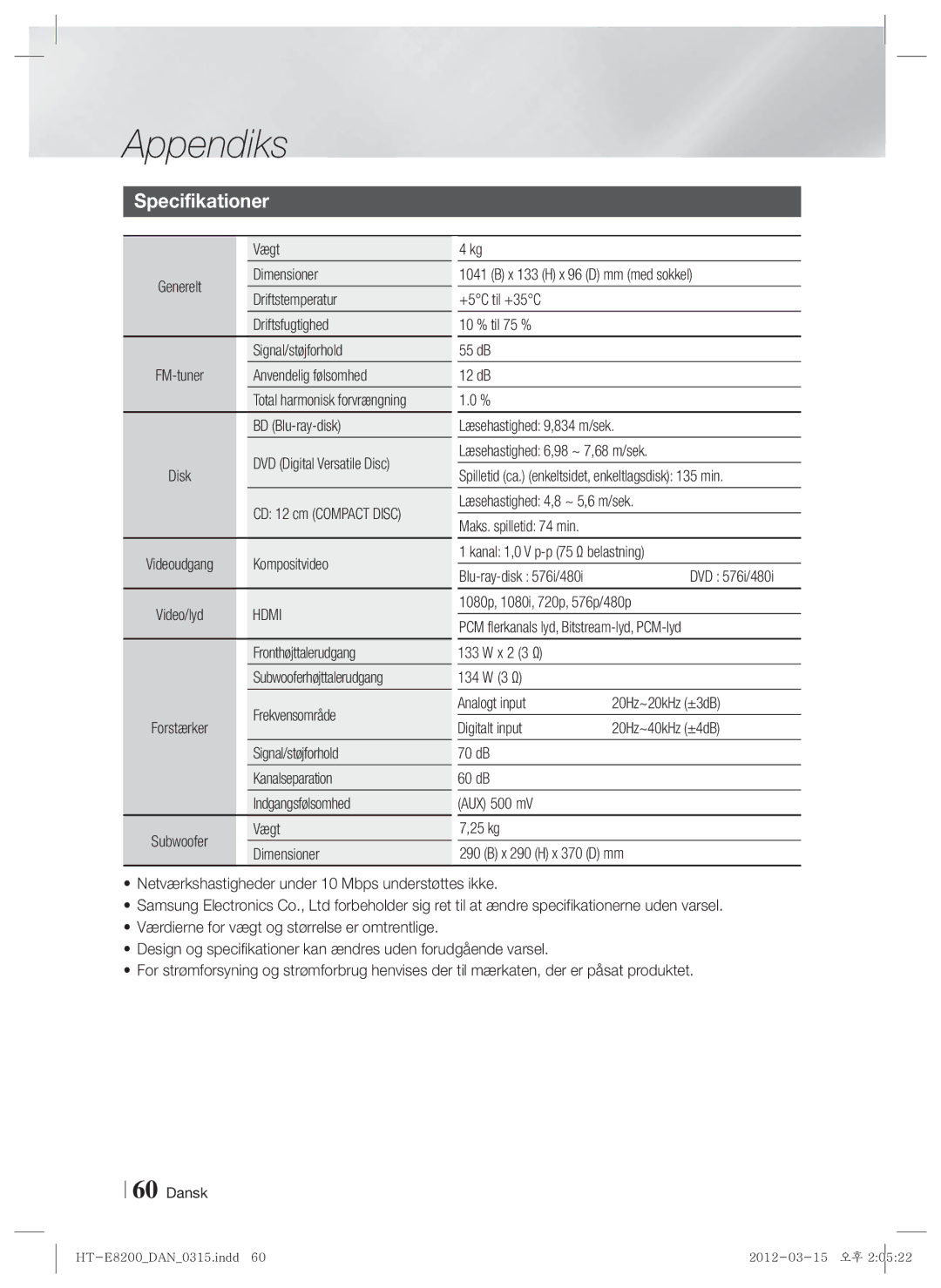 Samsung HT-E8200/XE manual Vægt, Signal/støjforhold 55 dB Anvendelig følsomhed 12 dB, Læsehastighed 4,8 ~ 5,6 m/sek 