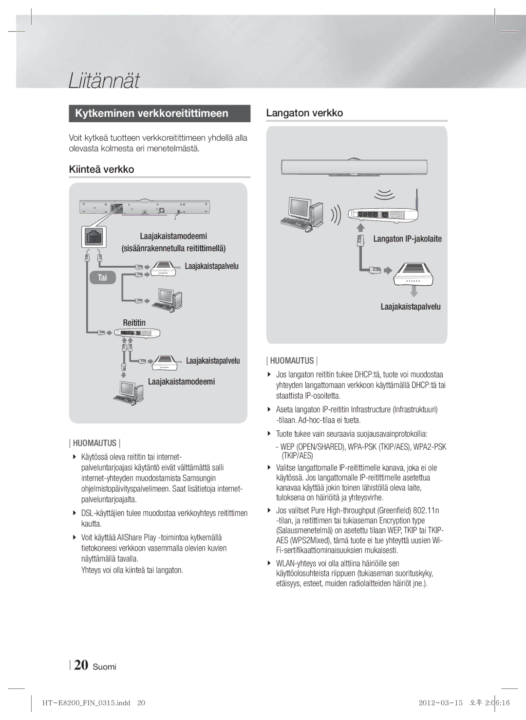 Samsung HT-E8200/XE manual Kytkeminen verkkoreitittimeen, Kiinteä verkko 