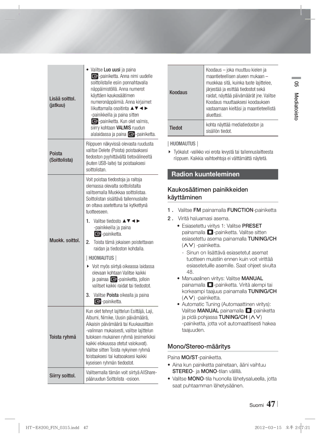 Samsung HT-E8200/XE manual Radion kuunteleminen, Kaukosäätimen painikkeiden käyttäminen, Mono/Stereo-määritys 