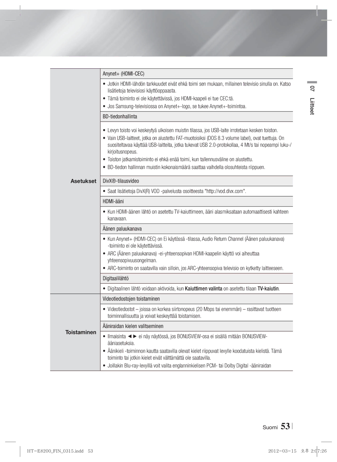 Samsung HT-E8200/XE manual Videotiedostojen toistaminen, Ääniraidan kielen valitseminen, Toistaminen 