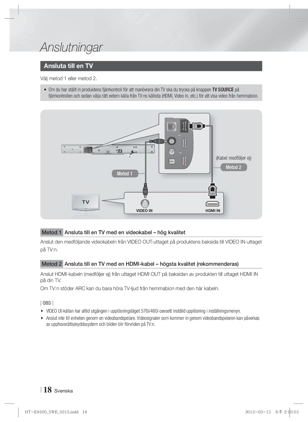 Samsung HT-E8200/XE manual Ansluta till en TV, Välj metod 1 eller metod, Kabel medföljer ej 