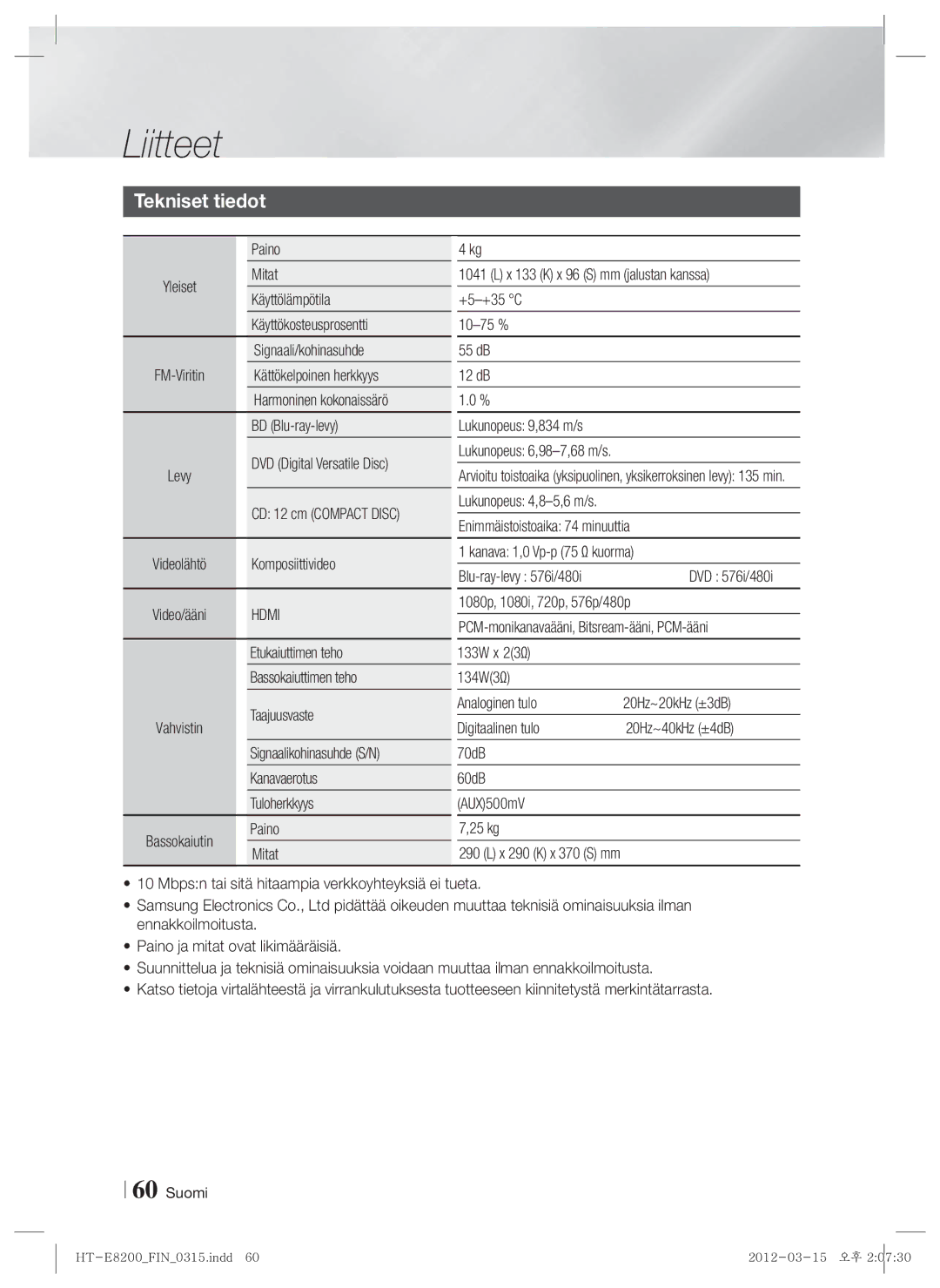 Samsung HT-E8200/XE manual Tekniset tiedot 