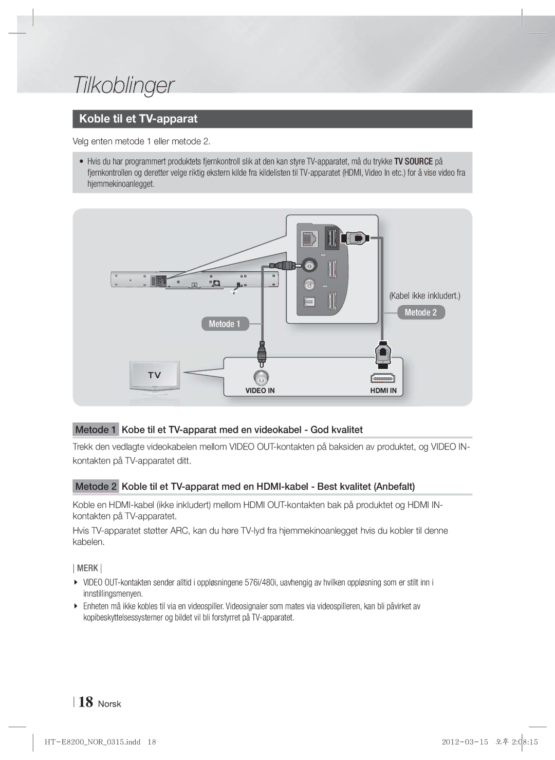 Samsung HT-E8200/XE manual Koble til et TV-apparat, Kabel ikke inkludert 