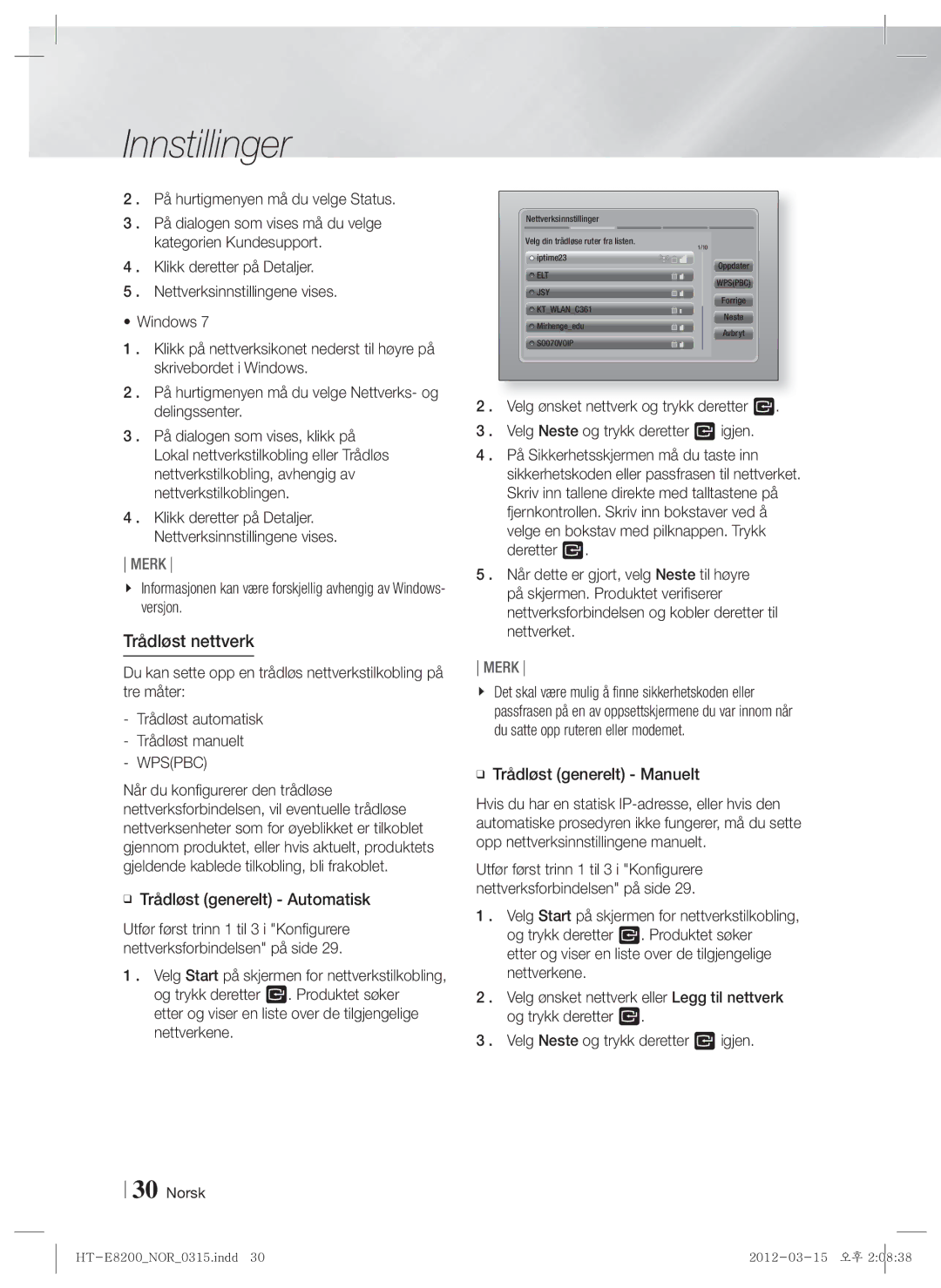 Samsung HT-E8200/XE manual Trådløst nettverk, Trådløst generelt Automatisk 