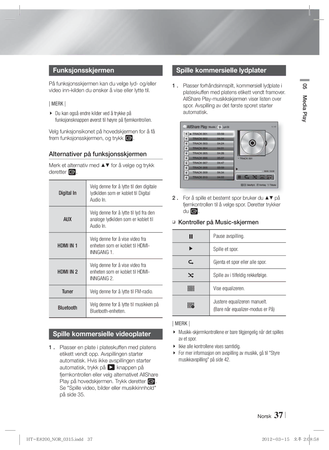 Samsung HT-E8200/XE manual Funksjonsskjermen, Alternativer på funksjonsskjermen, Spille kommersielle lydplater 