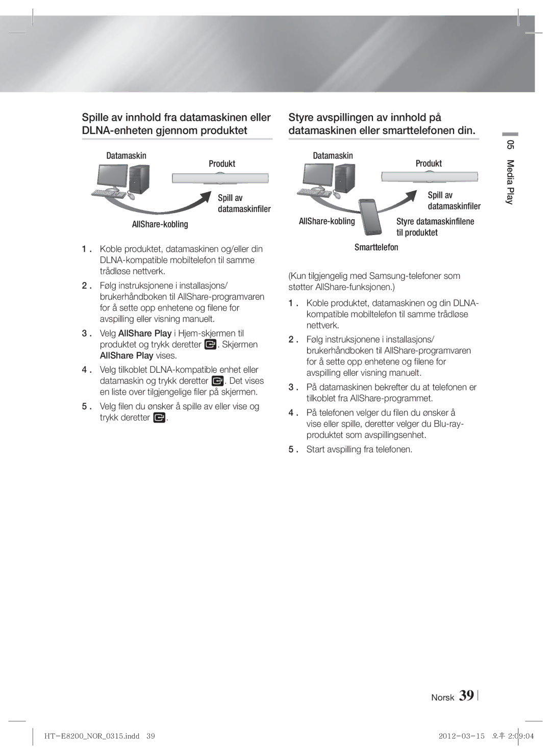 Samsung HT-E8200/XE manual Datamaskin Produkt Spill av AllShare-kobling, Til produktet, Start avspilling fra telefonen 