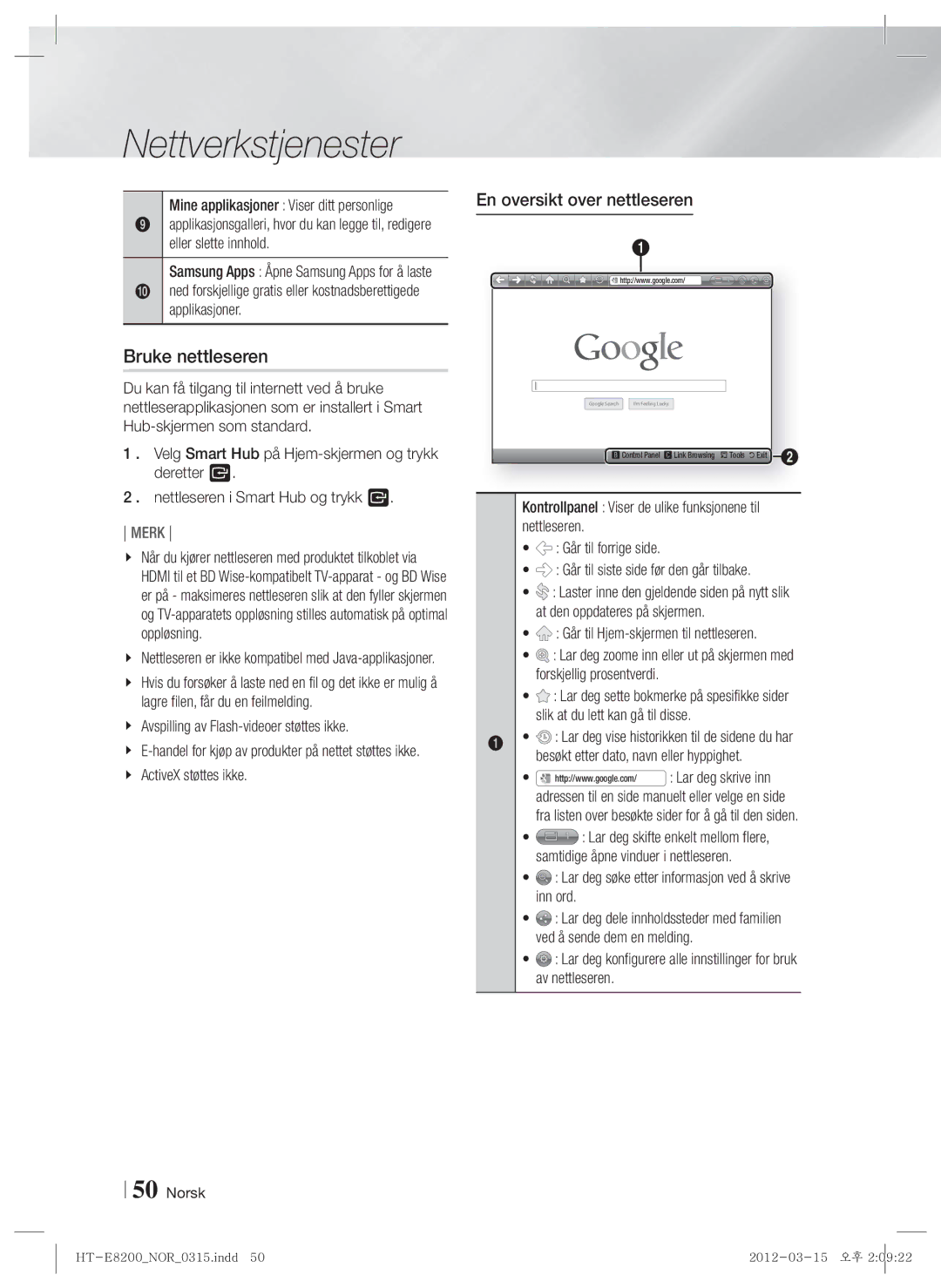 Samsung HT-E8200/XE manual Bruke nettleseren, En oversikt over nettleseren 