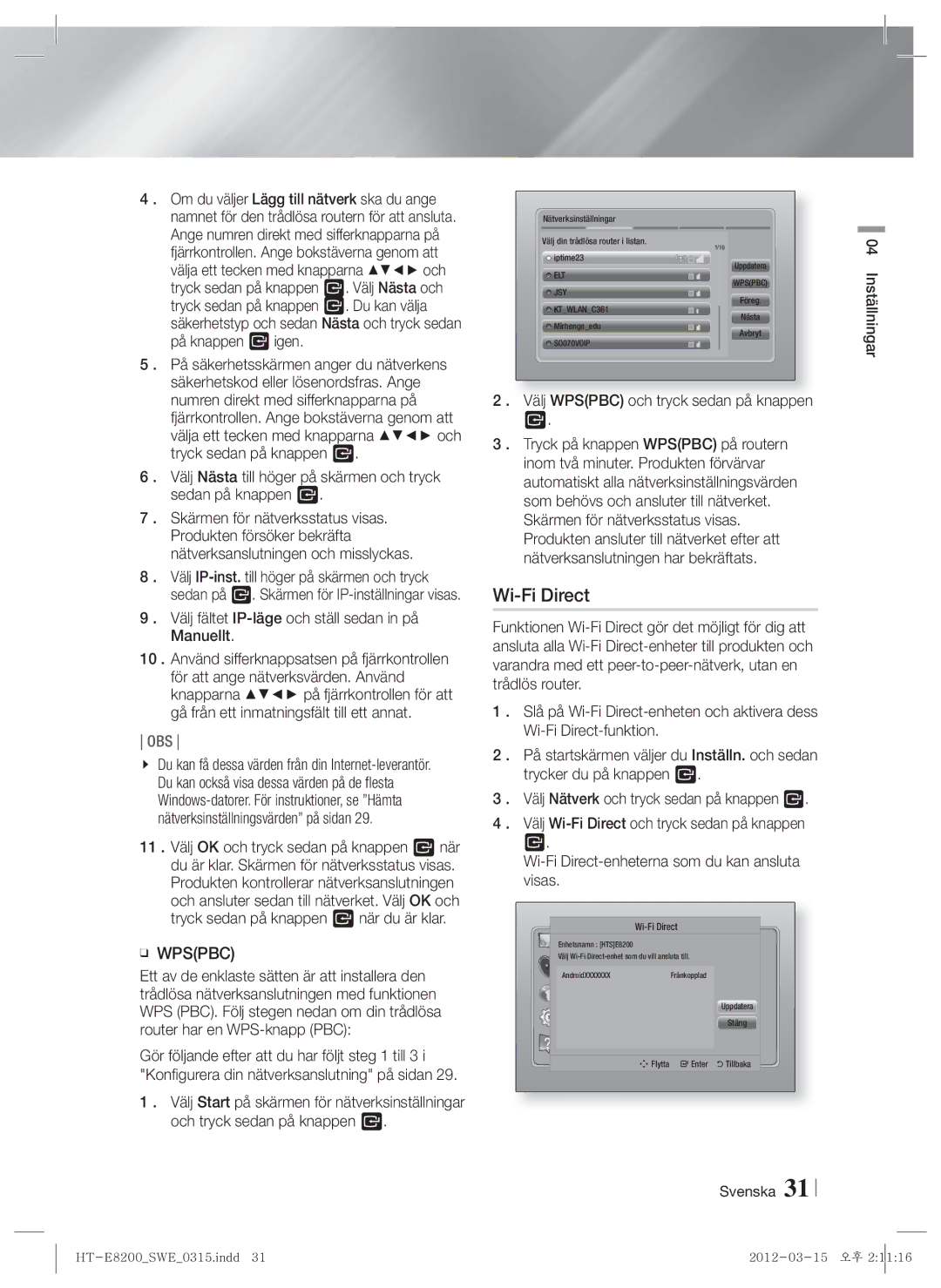 Samsung HT-E8200/XE manual Wi-Fi Direct, Välj Wpspbc och tryck sedan på knappen 