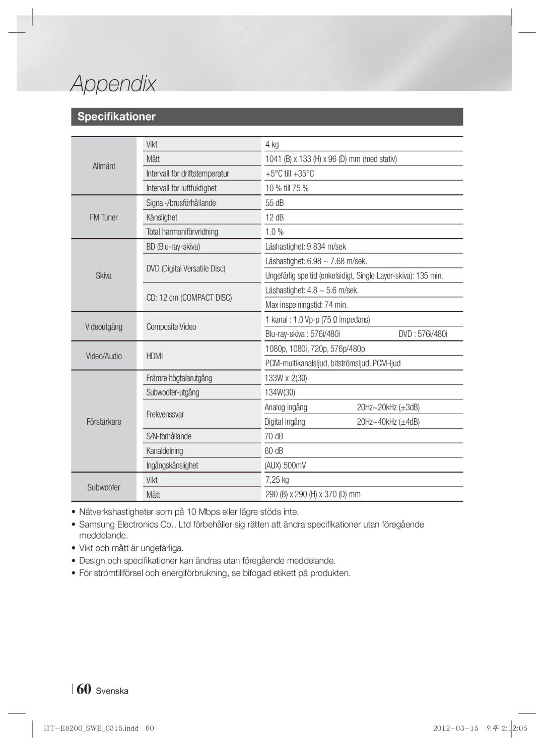 Samsung HT-E8200/XE manual Specifikationer 