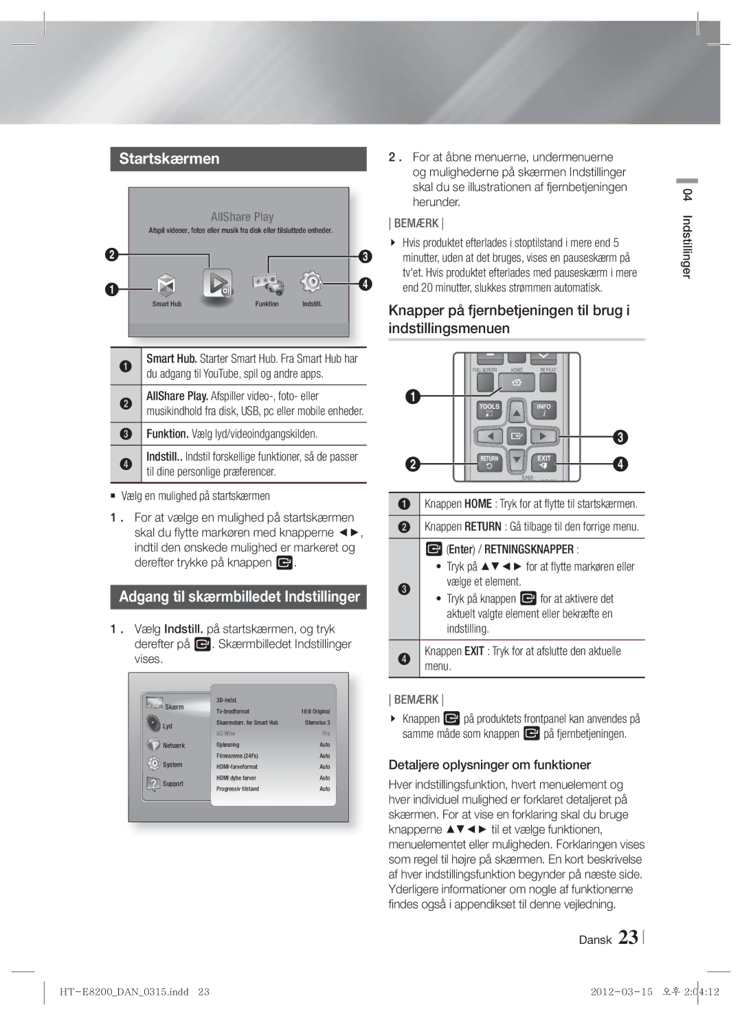 Samsung HT-E8200/XE manual Startskærmen, Knapper på fjernbetjeningen til brug i indstillingsmenuen 