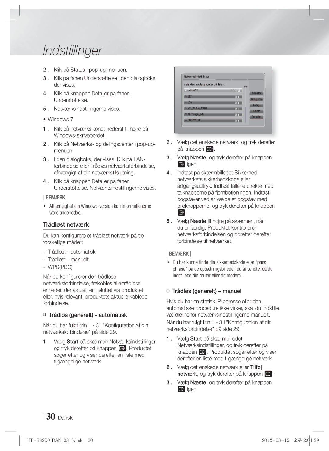 Samsung HT-E8200/XE manual Trådløst netværk, Klik på Netværks- og delingscenter i pop-up- menuen, Trådløs generelt manuel 