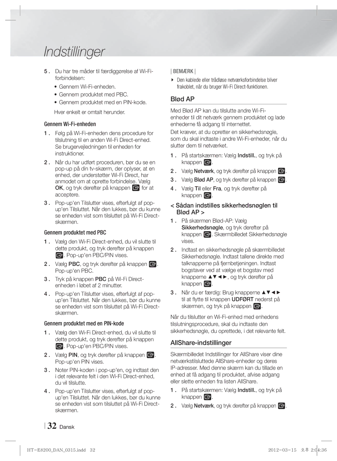 Samsung HT-E8200/XE manual AllShare-indstillinger, Sådan indstilles sikkerhedsnøglen til Blød AP 