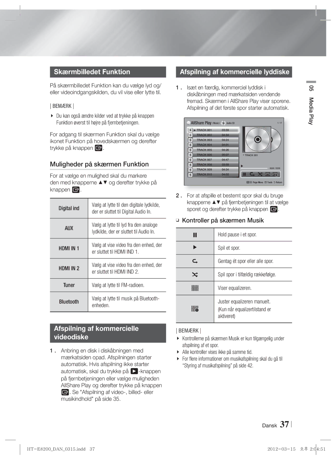 Samsung HT-E8200/XE manual Skærmbilledet Funktion, Muligheder på skærmen Funktion, Afspilning af kommercielle lyddiske 