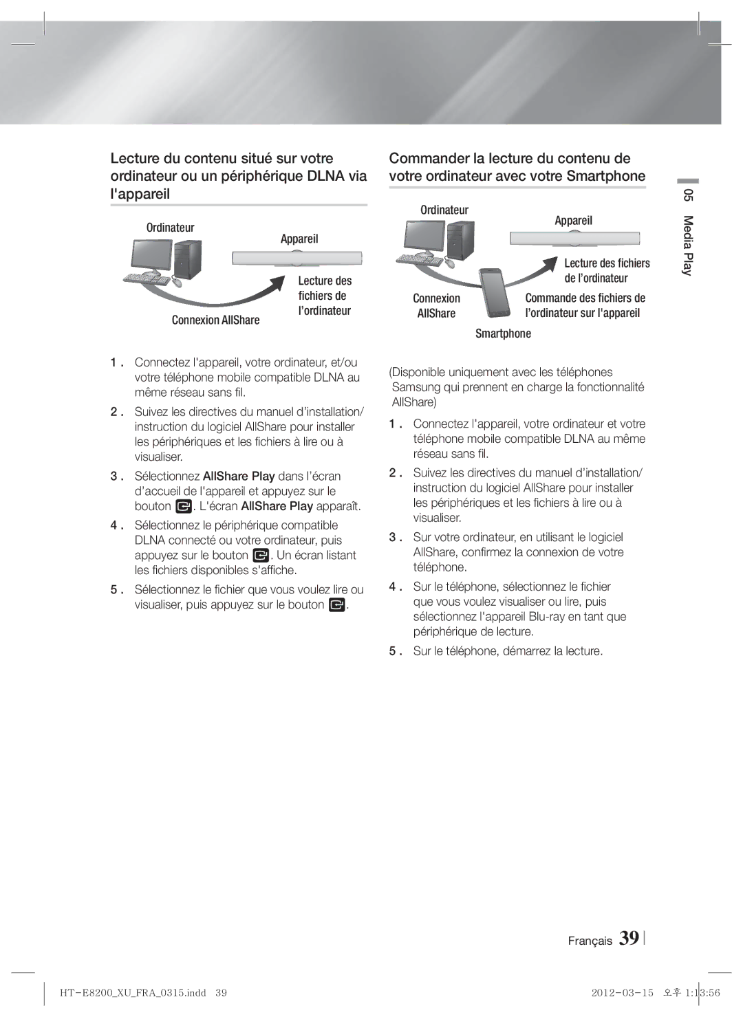 Samsung HT-E8200/XN, HT-E8200/EN, HT-E8200/ZF manual Ordinateur Appareil, De l’ordinateur, Smartphone, Français Media Play 