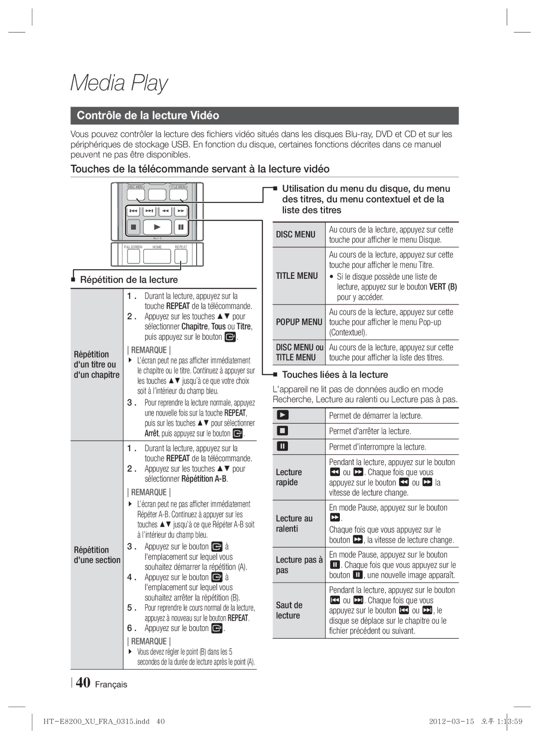 Samsung HT-E8200/EN, HT-E8200/XN manual Contrôle de la lecture Vidéo, Touches de la télécommande servant à la lecture vidéo 