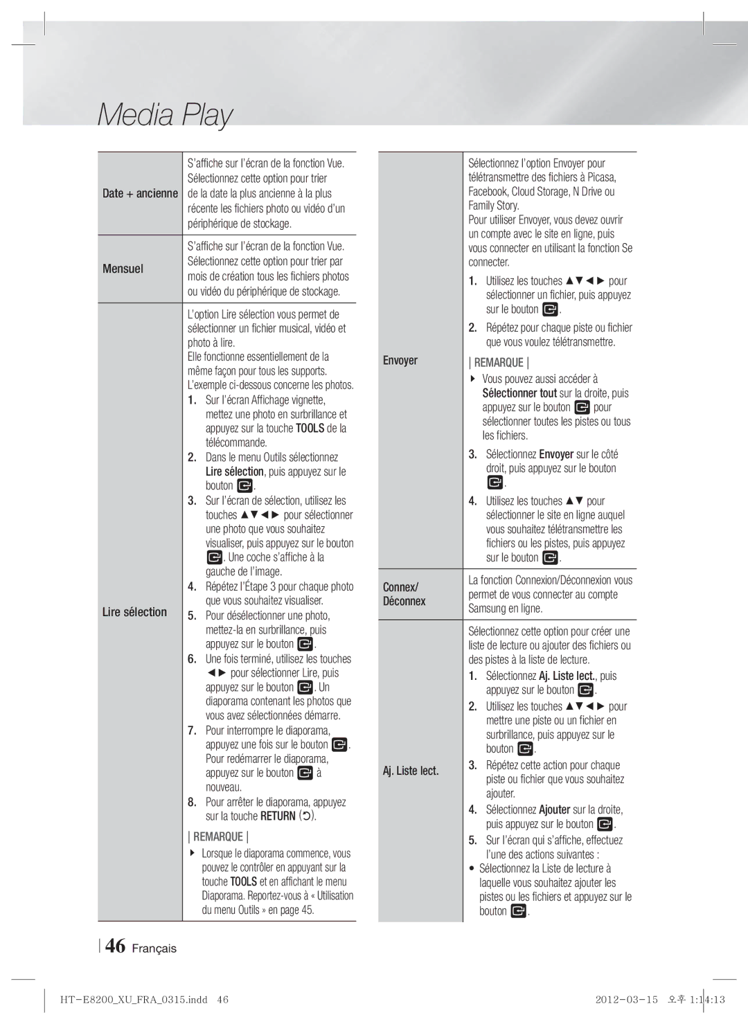 Samsung HT-E8200/XE Mensuel, Photo à lire, Bouton E, Gauche de l’image, Lire sélection, Nouveau, Sur la touche Return 