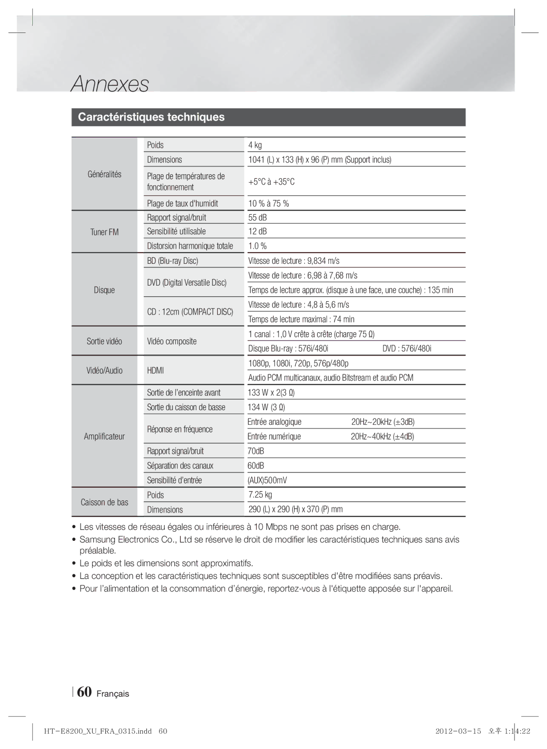 Samsung HT-E8200/EN, HT-E8200/XN, HT-E8200/ZF, HT-E8200/XE manual Caractéristiques techniques 