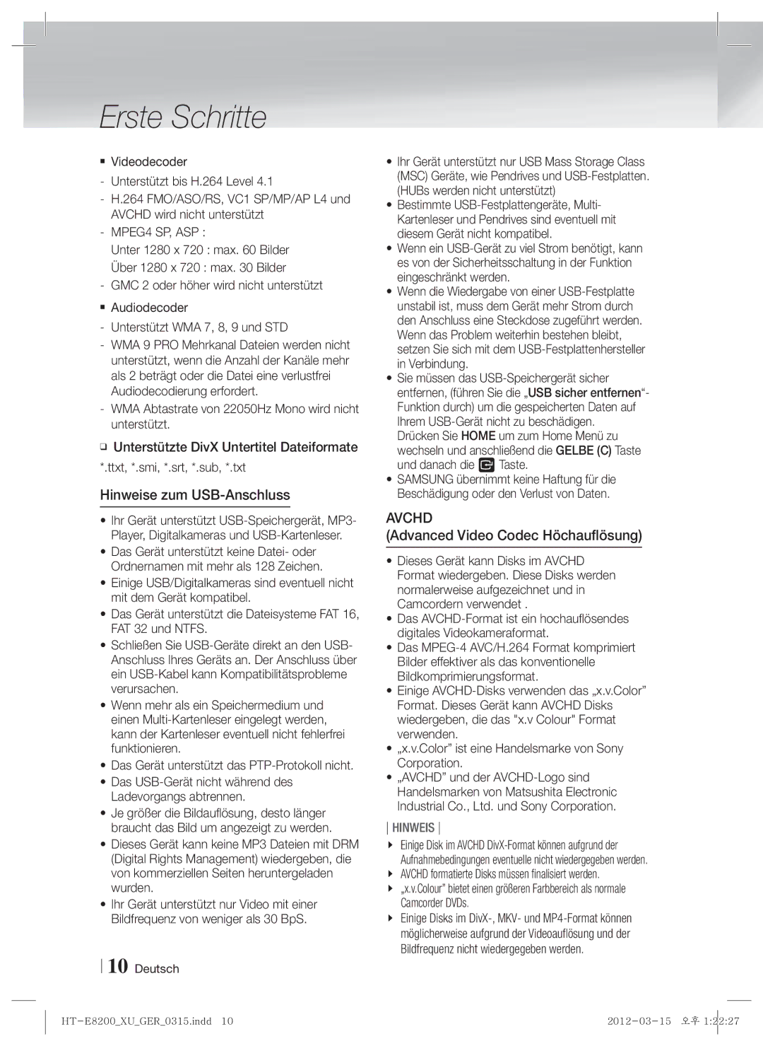 Samsung HT-E8200/XN, HT-E8200/EN, HT-E8200/ZF, HT-E8200/XE Hinweise zum USB-Anschluss, Advanced Video Codec Höchauflösung 