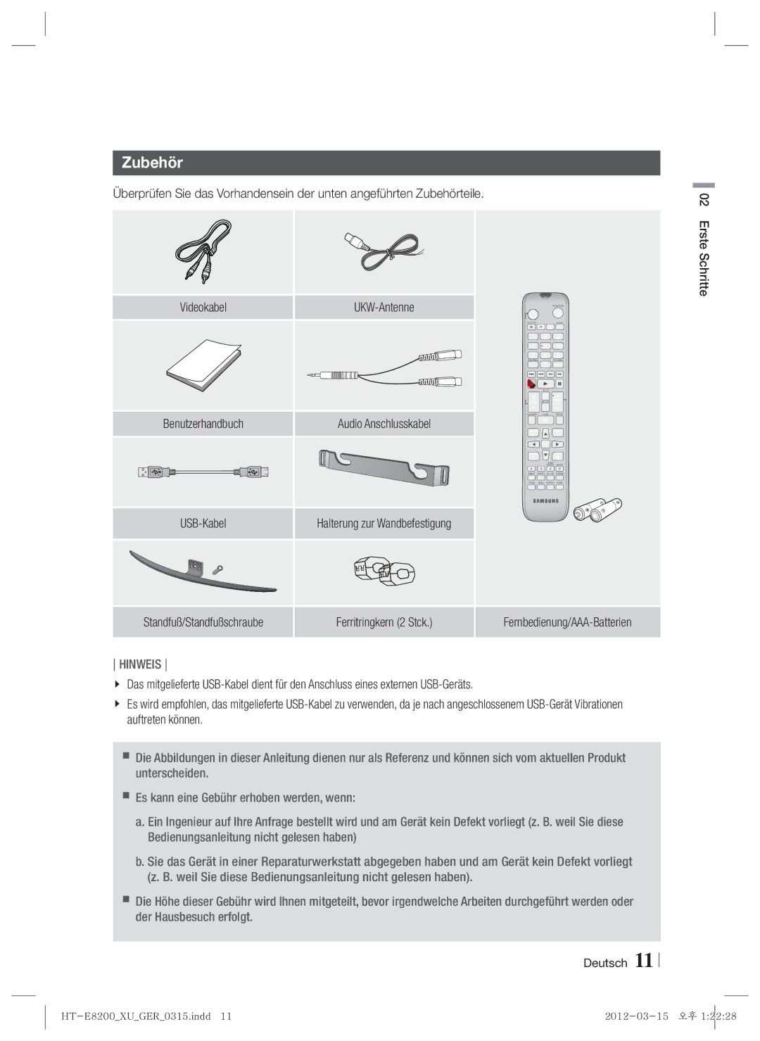 Samsung HT-E8200/EN, HT-E8200/XN, HT-E8200/ZF, HT-E8200/XE manual Zubehör, Benutzerhandbuch Audio Anschlusskabel 