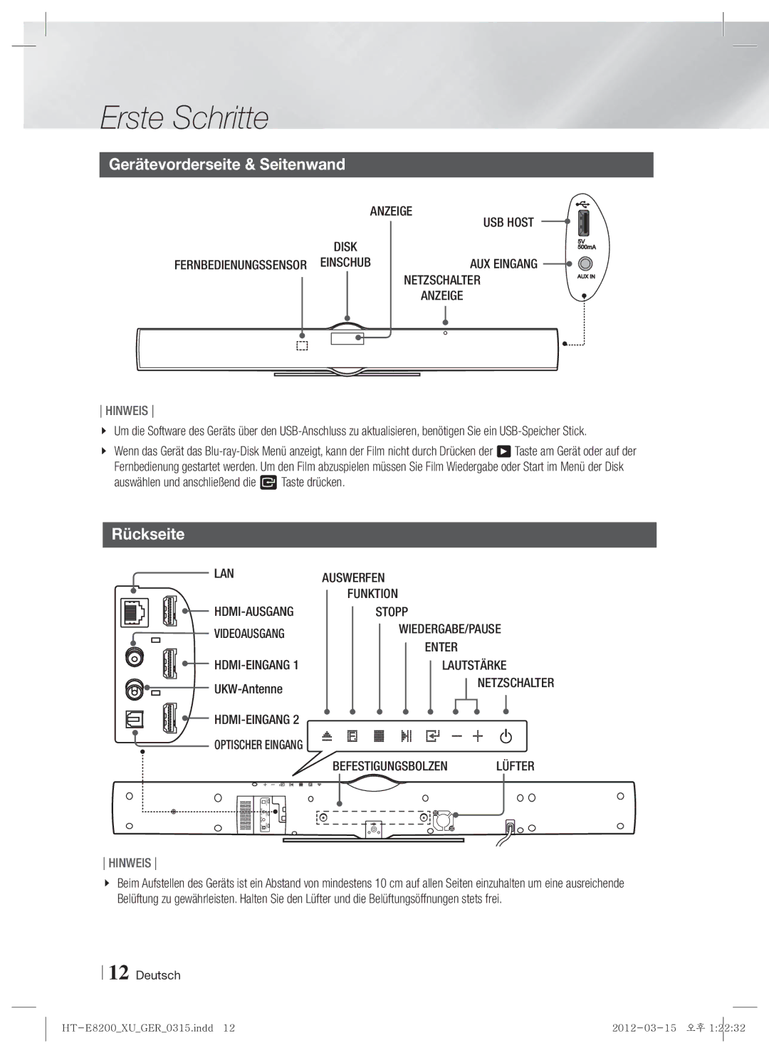 Samsung HT-E8200/ZF, HT-E8200/XN, HT-E8200/EN, HT-E8200/XE manual Gerätevorderseite & Seitenwand, Rückseite, UKW-Antenne 