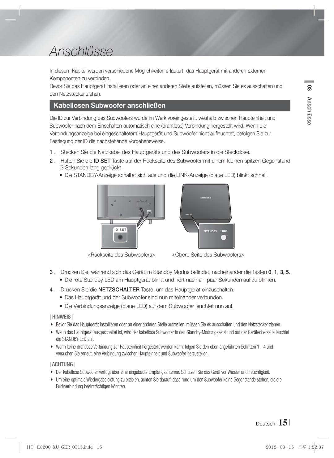 Samsung HT-E8200/EN, HT-E8200/XN manual Kabellosen Subwoofer anschließen, Rückseite des Subwoofers, Deutsch Anschlüsse 