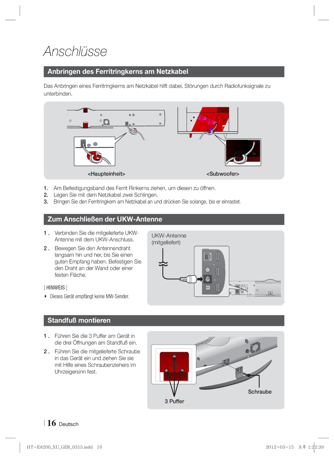 Samsung HT-E8200/ZF manual Anbringen des Ferritringkerns am Netzkabel, Zum Anschließen der UKW-Antenne, Standfuß montieren 