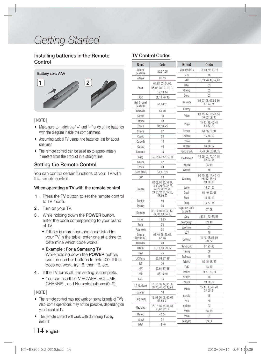 Samsung HT-E8200/ZF, HT-E8200/XN Installing batteries in the Remote Control, Setting the Remote Control, TV Control Codes 