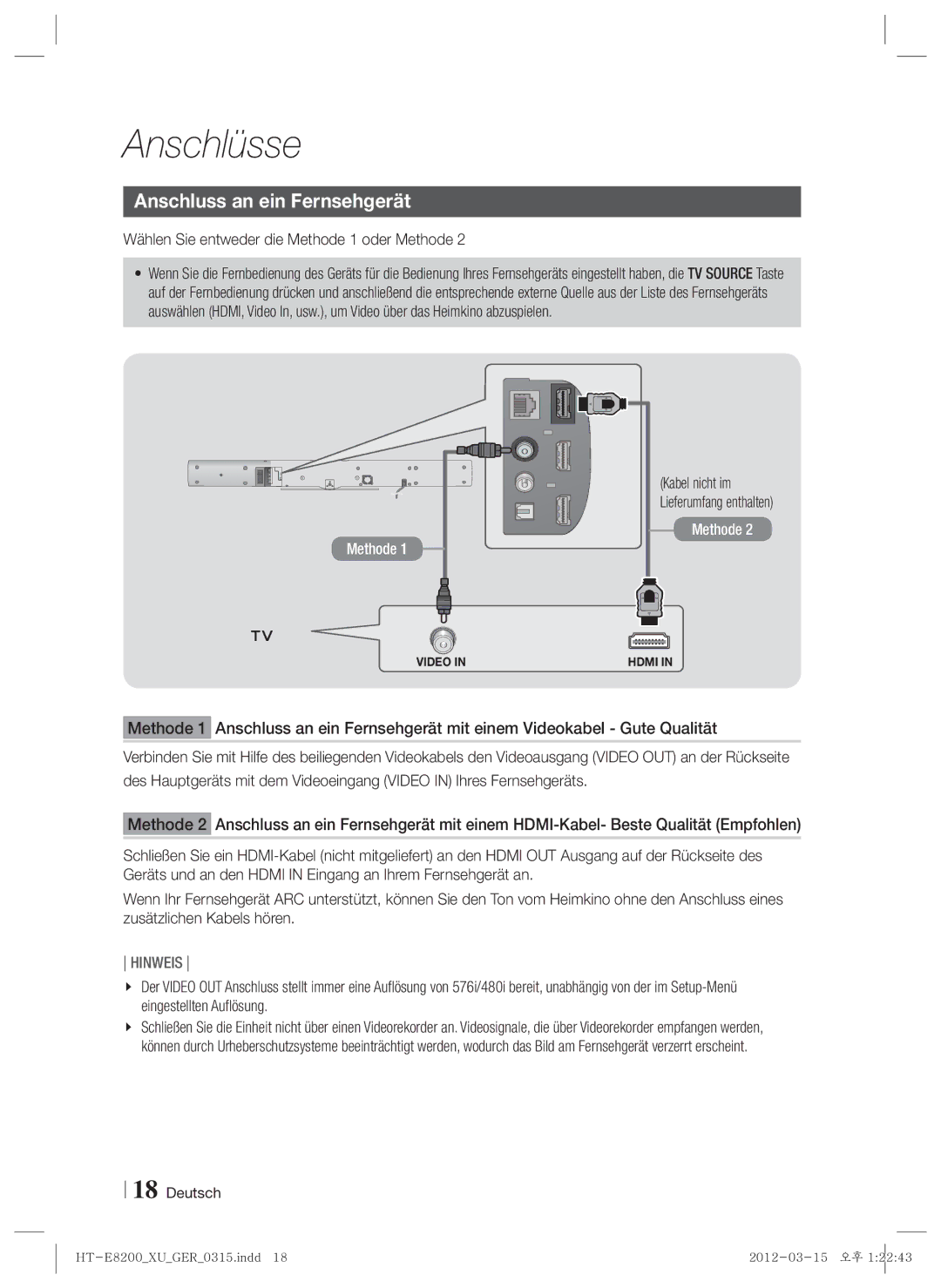 Samsung HT-E8200/XN, HT-E8200/EN, HT-E8200/ZF Anschluss an ein Fernsehgerät, Wählen Sie entweder die Methode 1 oder Methode 