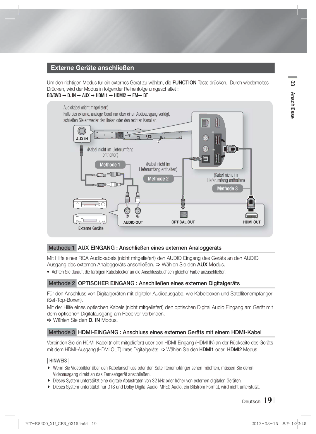 Samsung HT-E8200/EN, HT-E8200/XN, HT-E8200/ZF Externe Geräte anschließen, Audiokabel nicht mitgeliefert, Kabel nicht im 