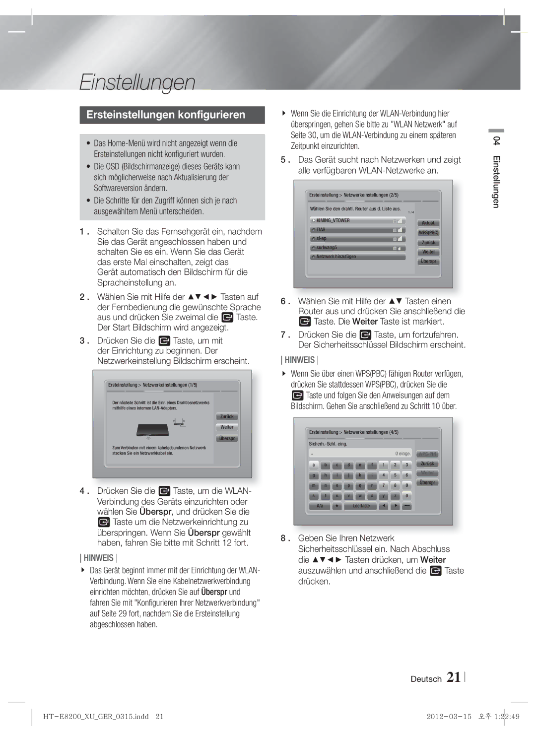 Samsung HT-E8200/XE, HT-E8200/XN, HT-E8200/EN, HT-E8200/ZF manual Ersteinstellungen konfigurieren, Deutsch Einstellungen 