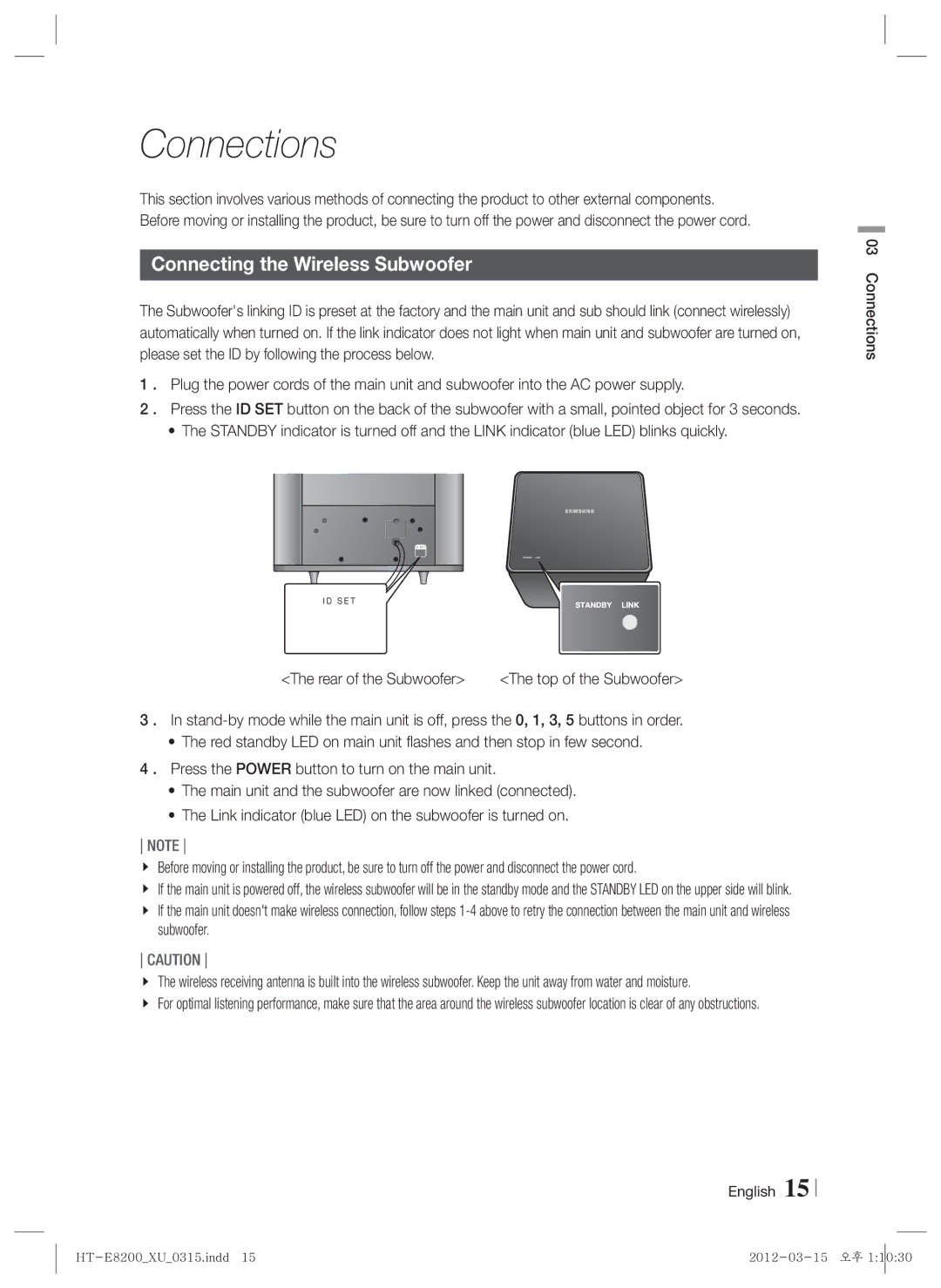 Samsung HT-E8200/XE, HT-E8200/XN manual Connecting the Wireless Subwoofer, Rear of the Subwoofer, English Connections 