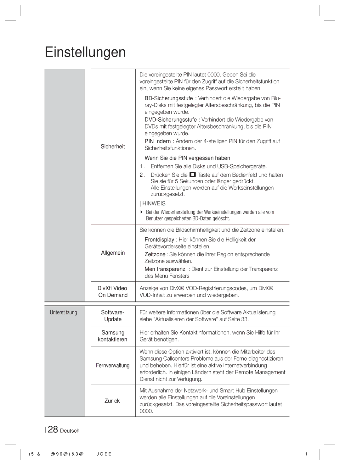 Samsung HT-E8200/ZF manual Die voreingestellte PIN lautet 0000. Geben Sei die, Eingegeben wurde, Sicherheitsfunktionen 