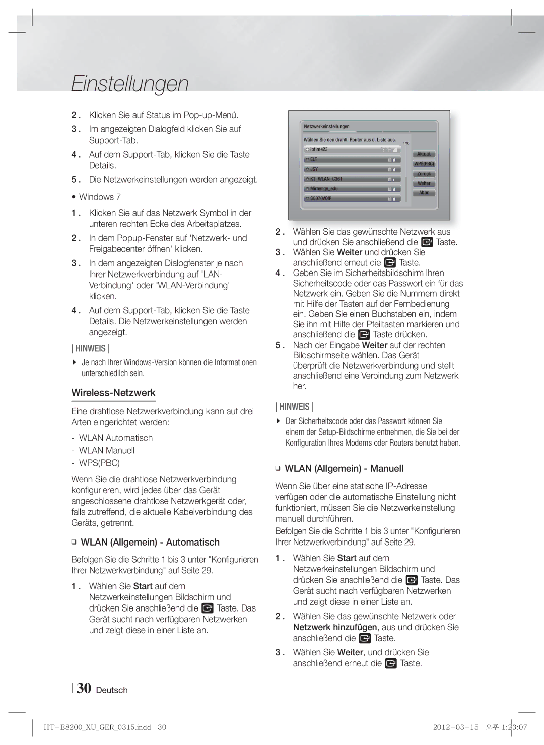 Samsung HT-E8200/XN, HT-E8200/EN, HT-E8200/ZF, HT-E8200/XE manual Wireless-Netzwerk, Wlan Allgemein Automatisch 