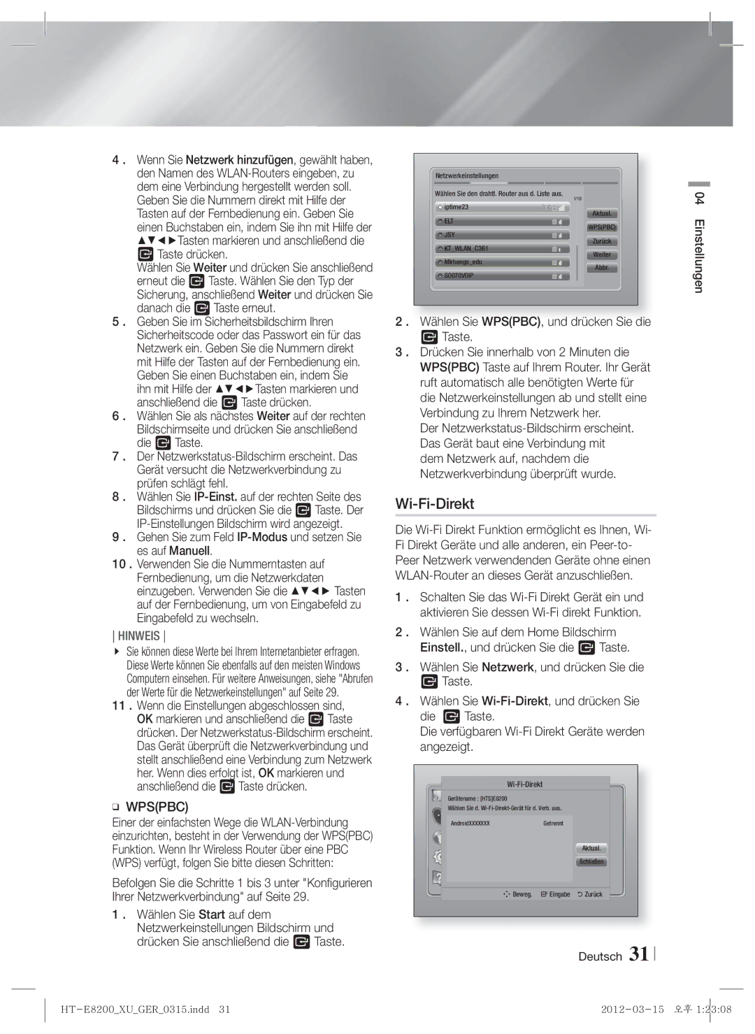 Samsung HT-E8200/EN, HT-E8200/XN, HT-E8200/ZF, HT-E8200/XE manual Wi-Fi-Direkt, Wählen Sie WPSPBC, und drücken Sie die Taste 