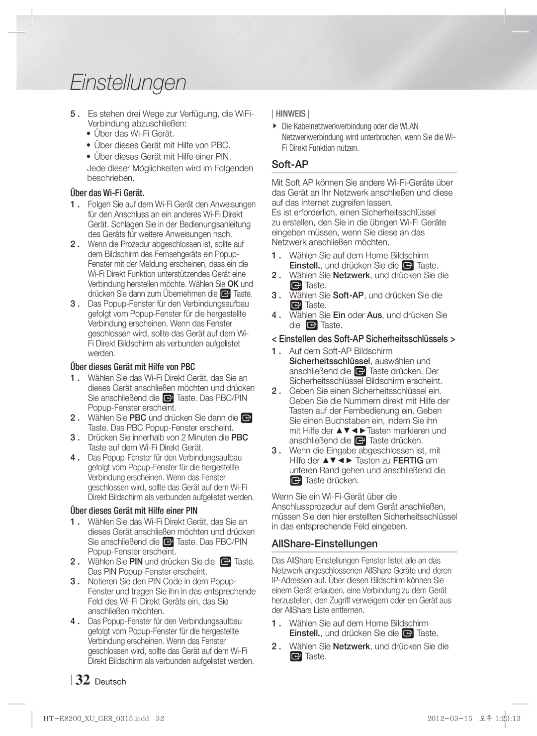 Samsung HT-E8200/ZF, HT-E8200/XN, HT-E8200/EN manual AllShare-Einstellungen, Einstellen des Soft-AP Sicherheitsschlüssels 