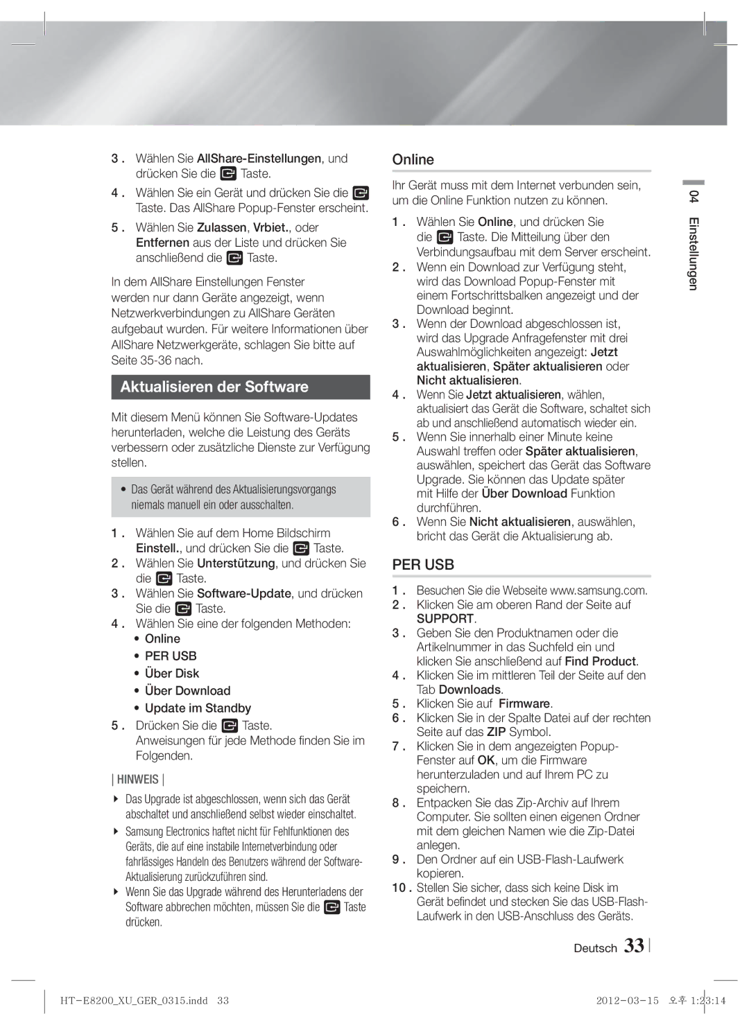 Samsung HT-E8200/XE manual Aktualisieren der Software, Per Usb, Mit Hilfe der Über Download Funktion durchführen, Support 