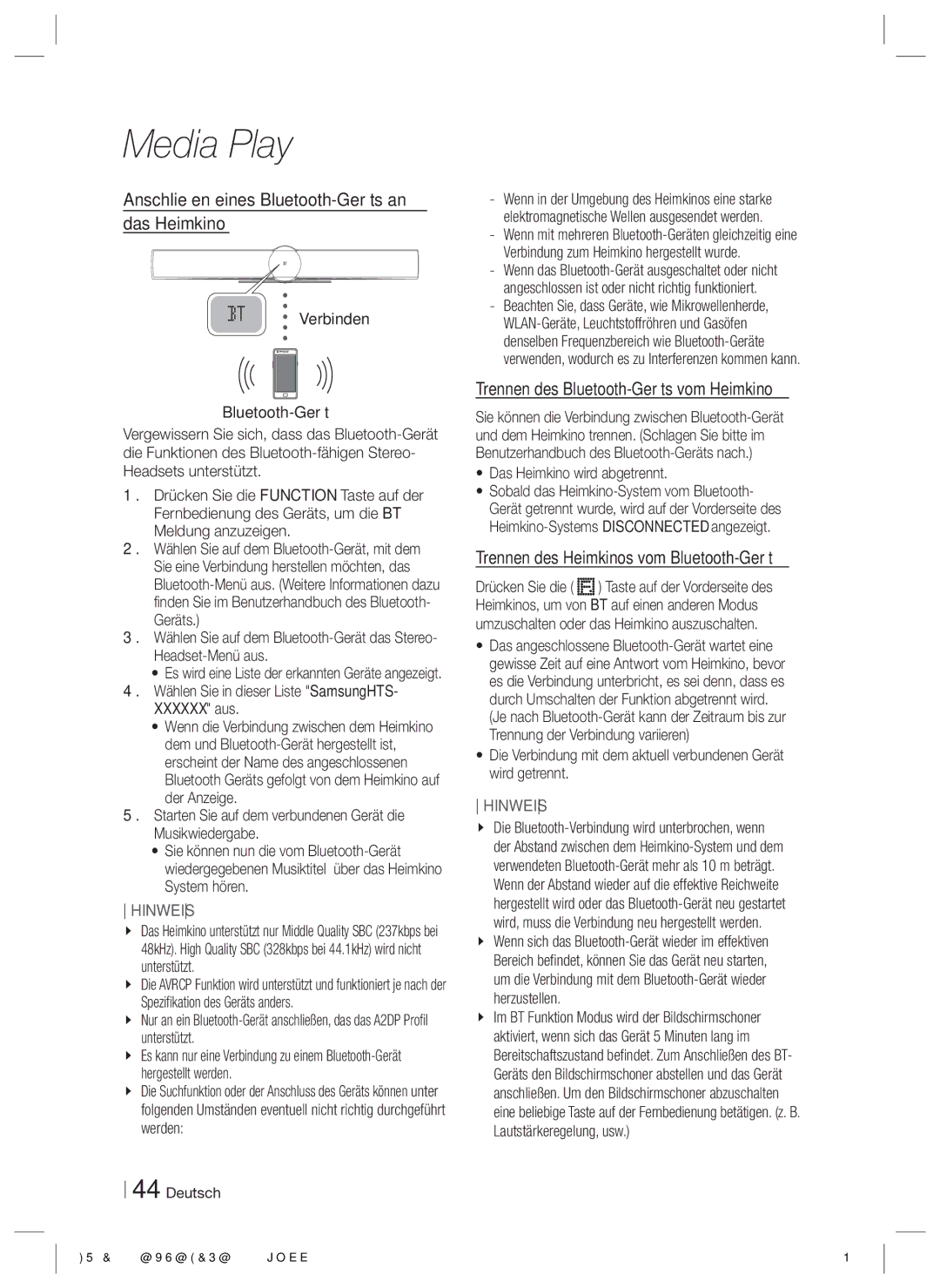 Samsung HT-E8200/ZF manual Anschließen eines Bluetooth-Geräts an das Heimkino, Trennen des Bluetooth-Geräts vom Heimkino 